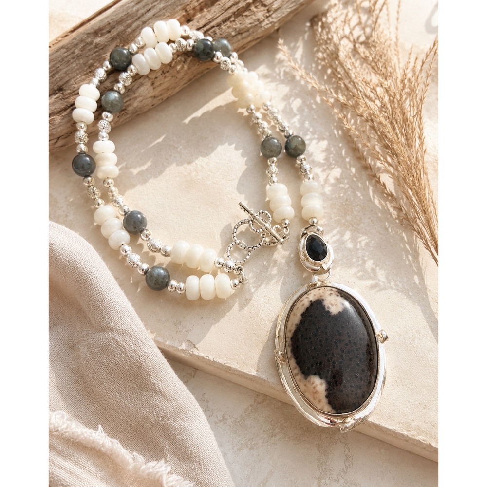 Hand Beaded Natural‎ Stone Necklace Boho Coastal Earthy Artisan Statement